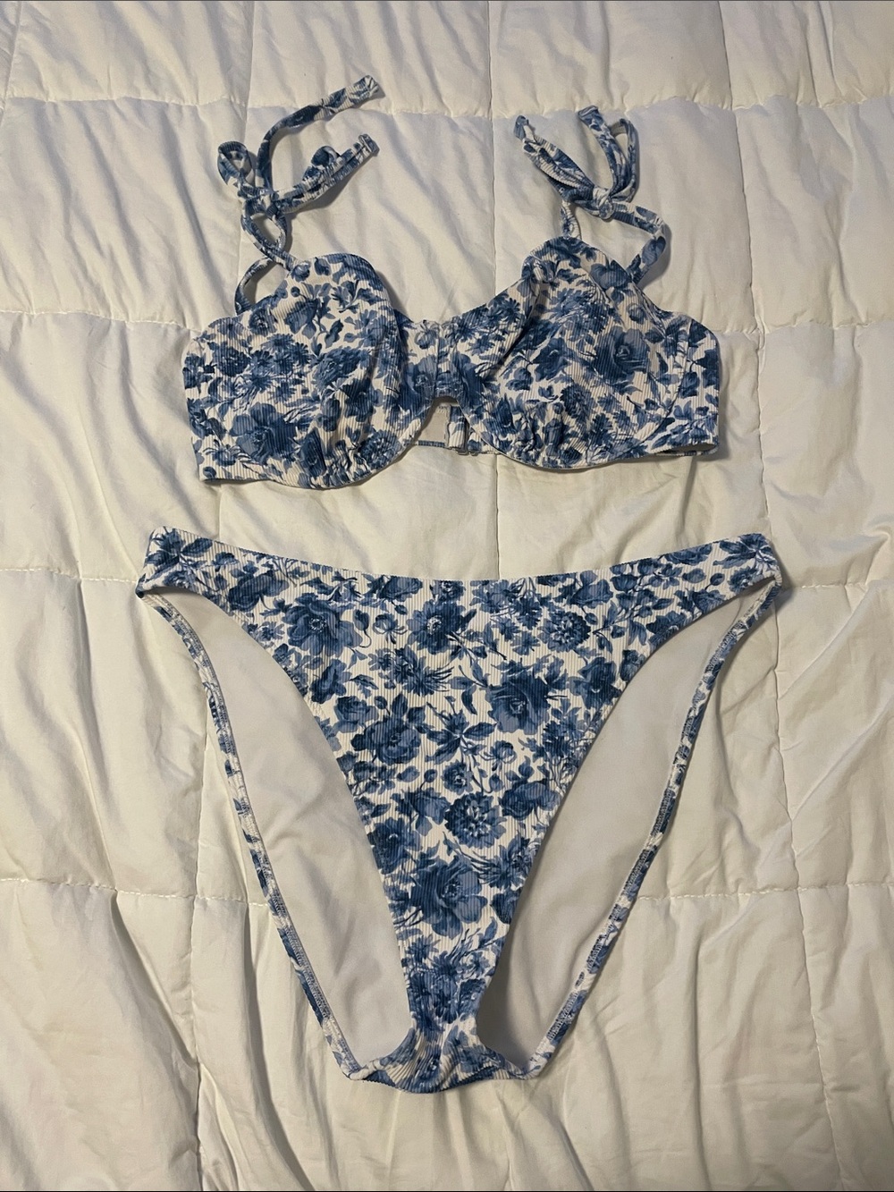 A&F Blue and White Floral Curve Love Bikini Top and Bottom